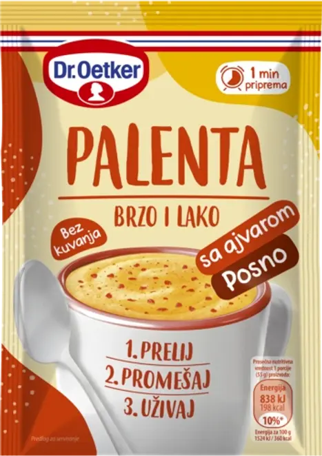Dr. Oetker Palenta brzo i lako sa ajvarom
Instant mlinski proizvod od kukuruznog griza, sa liofilizovanim i mlevenim ajvarom